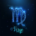 Futuristic glowing low polygonal Virgo zodiac sign concept on dark blue background.