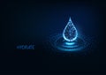 Futuristic glowing low polygonal water drop with splash ripples isolated on dark blue background