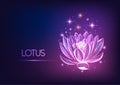 Futuristic glowing low polygonal waterlily, lotus flower with stars isolated on dark blue to purple gradient background. Royalty Free Stock Photo
