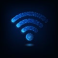 Futuristic glowing low polygonal wifi symbol isolated on dark blue background.