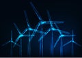 Futuristic glowing low polygonal windmill farm on dark blue background