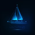 Futuristic glowing low polygonal yacht boat isolated on dark blue background.