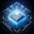 Floating glowing microchip with glowing data lines