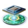 Levitating glowing microchip with rotating data flow
