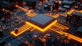 Futuristic glowing microprocessor on circuit board with neon accents Royalty Free Stock Photo