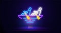 Futuristic glowing neon boat with two people with paddles, isolated on a dark background. The concept of yachting Royalty Free Stock Photo