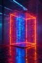 Futuristic glowing neon cube, vibrant digital structure, abstract tech art, Portrait Images Generative AI Royalty Free Stock Photo