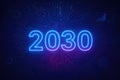 Futuristic 2030 glowing neon text on a digital circuit board background with data visualizations future Royalty Free Stock Photo