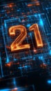 Futuristic Glowing Number 21 On Technological Abstract Background, 3D Illustration Rendering Royalty Free Stock Photo