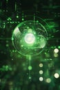 Futuristic glowing orb with digital circuitry and green bokeh lights, high tech design Royalty Free Stock Photo