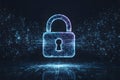 Futuristic glowing padlock made of digital mesh lines, floating over a dark tech background, symbolizing data security Royalty Free Stock Photo