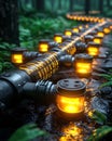 Glowing futuristic pipeline with vibrant digital patterns winding through a dark, mysterious forest. Royalty Free Stock Photo