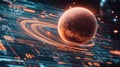 Futuristic glowing planet with digital rings in space