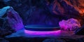 Futuristic glowing platform in a cave with colorful lighting and rocky textures Royalty Free Stock Photo