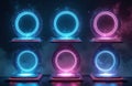 Futuristic glowing portals hover on pedestals. Circular abstract frames emit blue and pink neon light effects. Digital tech Royalty Free Stock Photo