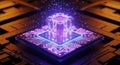 Futuristic Glowing Purple CPU Chip with Abstract Energy Particles technology computer Royalty Free Stock Photo