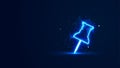 Futuristic glowing push pin with plexus lines and glitter particles. A location pointer in the neon light style. 3D abstract low
