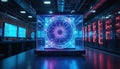 Futuristic glowing quantum computer core in server room. Blue and purple light illuminates advanced tech hardware. Data center Royalty Free Stock Photo