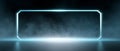 Futuristic glowing rectangular frame with neon blue light and misty smoky background in dark environment Royalty Free Stock Photo