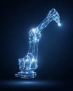 Futuristic glowing robotic arm made of digital blue lines and light points on dark background Royalty Free Stock Photo