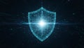 Futuristic glowing shield symbol with circuit lines, digital style on dark background, representing cybersecurity and Royalty Free Stock Photo