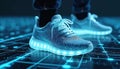 Futuristic glowing sneakers rest on digital network surface. Smart activewear blends high tech design with performance, Royalty Free Stock Photo
