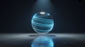 Futuristic Glowing Sphere with Dynamic Blue Light Trails and Data Flow Lines on Reflective Floor in a Dark, Abstract Studio Royalty Free Stock Photo