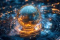 Futuristic glowing sphere floating above circuit board emitting light and energy
