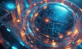 futuristic, glowing sphere with intricate patterns and lines, surrounded by complex network glowing blue and Royalty Free Stock Photo