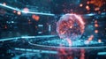 Futuristic glowing sphere rotating on a technological platform in cyberspace Royalty Free Stock Photo