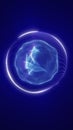 Futuristic glowing sphere surrounded by digital light particles on a deep blue background Royalty Free Stock Photo