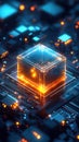 Futuristic glowing tech cube processor. Advanced quantum computing chip. Powerful AI tech. High-tech data processing. Enhance Royalty Free Stock Photo