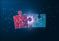 Futuristic Glowing Wireframe Design Red And Blue Jigsaw Puzzle Pieces Fitting Each Other.