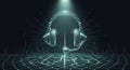 Futuristic glowing wireframe headphones with hexagonal pattern isolated on dark background with digital particles and lines Royalty Free Stock Photo