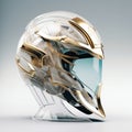 Futuristic Gold Motorcycle Helmet Displayed On Glass Stand