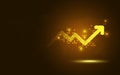 Futuristic gold raise arrow chart digital transformation abstract technology background. Big data and business growth currency