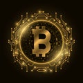 Futuristic golden Bitcoin digital currency. Computer circuit board. Cryptocurrency mining. Sci-fi design blockchain logo for Royalty Free Stock Photo