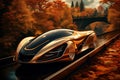 A futuristic golden car on the road with fall trees. Fantastic car. AI Generated