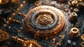 Futuristic golden clockwork system with intricate details