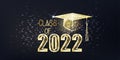 Futuristic graduation class of 2022 banner concept with glowing low polygonal golden graduation cap