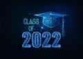 Futuristic graduation class of 2022 concept with glowing low polygonal graduation cap isolated on dark blue