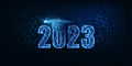 Futuristic graduation 2023 concept banner with glowing low polygonal graduation hat on dark blue