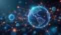 Futuristic graphic design shows blockchain networks in digital environment. Earth globe visualisation connected by lines.