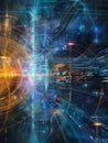 Futuristic graphic of a quantumsecured digital communications hub with abstract geometric pattern and glowing energy network