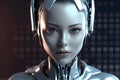 Futuristic graphic showcases a humanoid robot that appears to be a cyborg equipped with artificial intelligence.