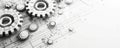 Futuristic Gray Gears and Tech Elements on White Background, Emphasizing Digital Technology and Generative Artificial Intelligence