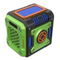Futuristic Green and Black Cube Device with Blue and Orange Accents on White Background technology Royalty Free Stock Photo