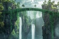 Futuristic Green Data-Linked Bridge Over Cascading Waterfalls Surrounded By Lush Forest