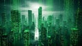 Futuristic green digital city skyline with falling binary code and silhouetted figures walking on wet streets Royalty Free Stock Photo