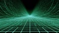Futuristic green digital wireframe grid landscape in cyberspace with perspective vanishing point and glowing light lines on black Royalty Free Stock Photo